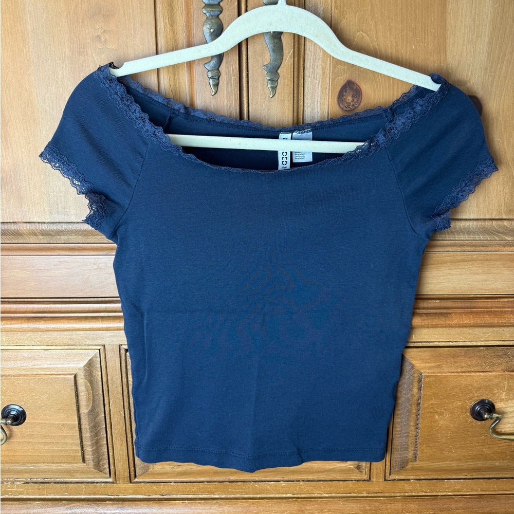 H&M Divided Women’s Navy Lace-Trim Scoop Neck Top